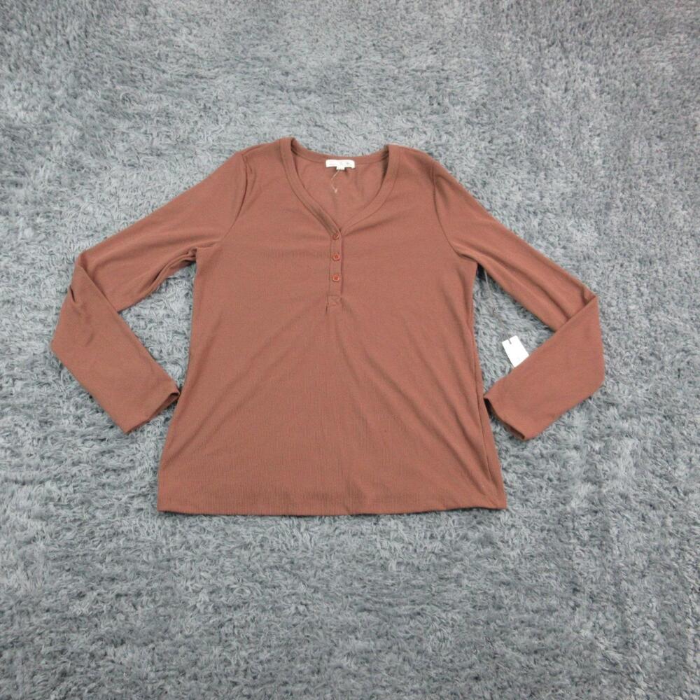 Nine Britton Shirt Womens Large Brown Ribbed Long Sleeve Henley Stretch Top NWT